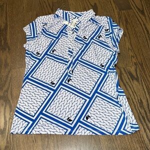 NWT Charter Club silky white and blue button up blouse cap sleeves size medium